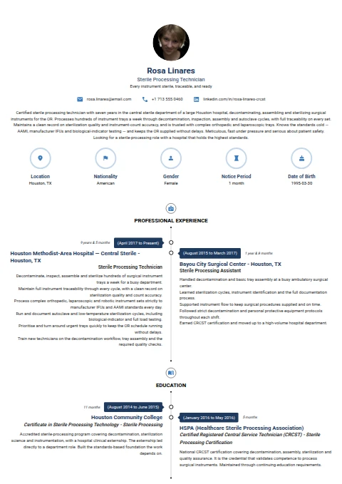 Sterile Processing Technician resume example — a professionally formatted Medical & Healthcare CV sample