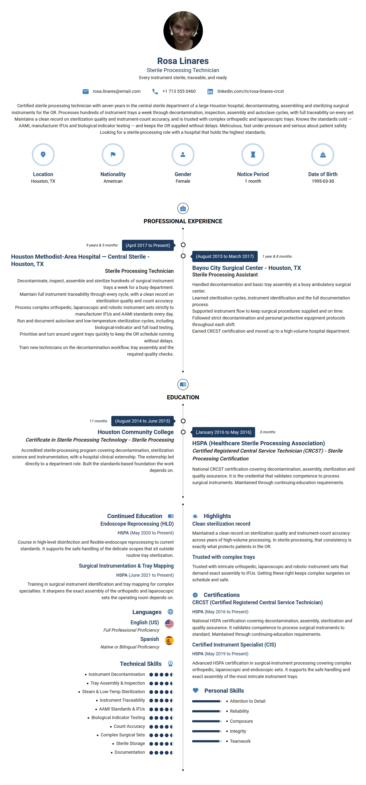 Sterile Processing Technician resume example — a professionally formatted Medical & Healthcare CV sample