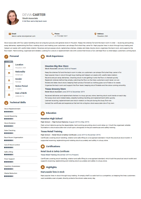 Stock Associate resume example — a professionally formatted Financial Services & Banking CV sample