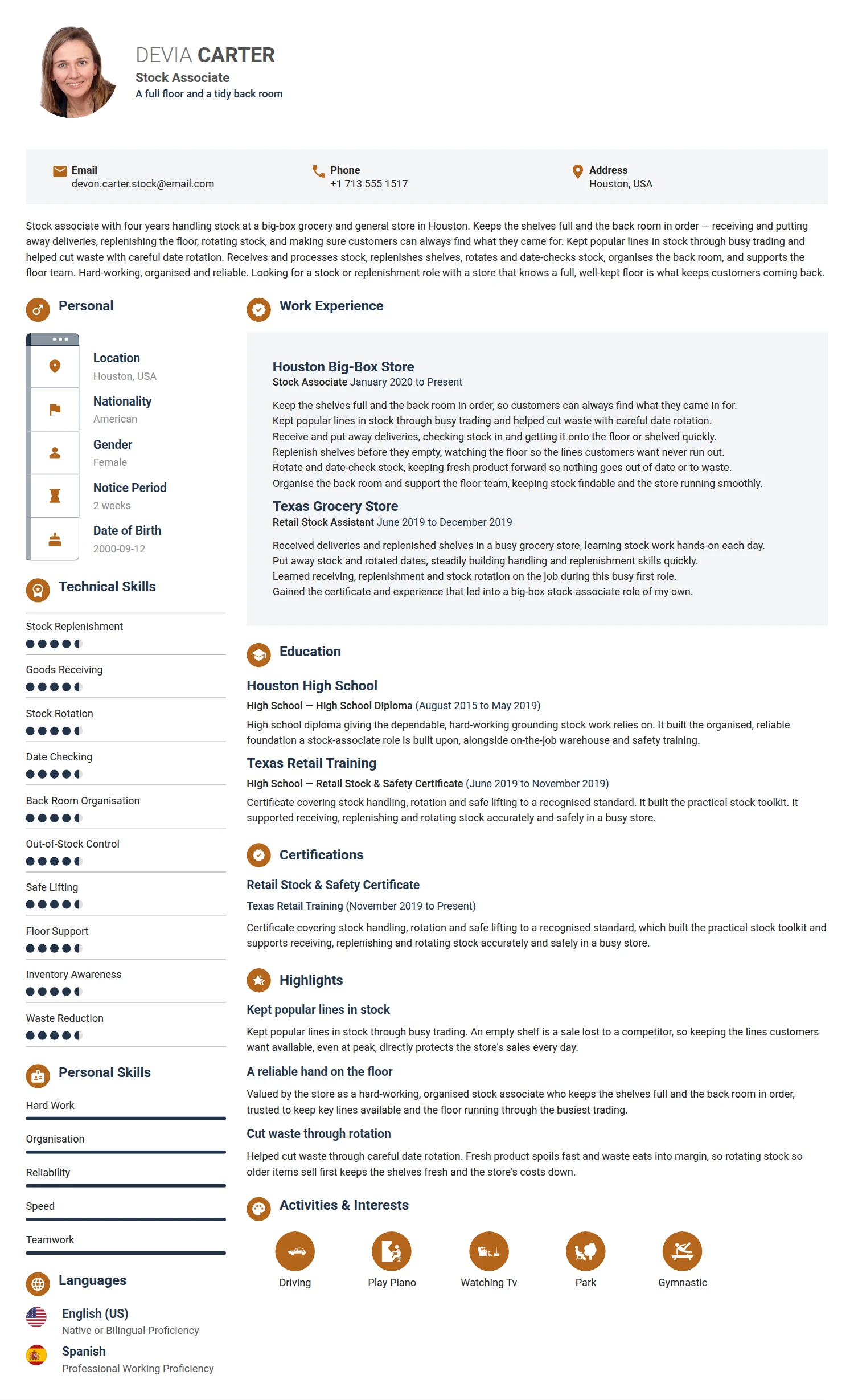 Stock Associate resume example — a professionally formatted Financial Services & Banking CV sample