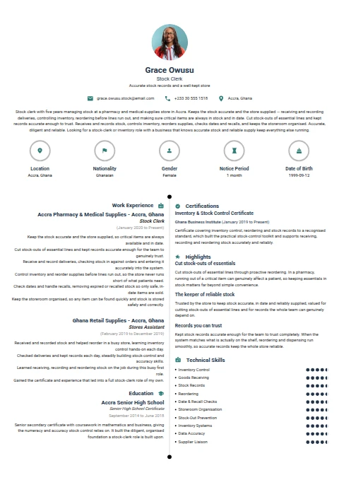 Stock Clerk resume example