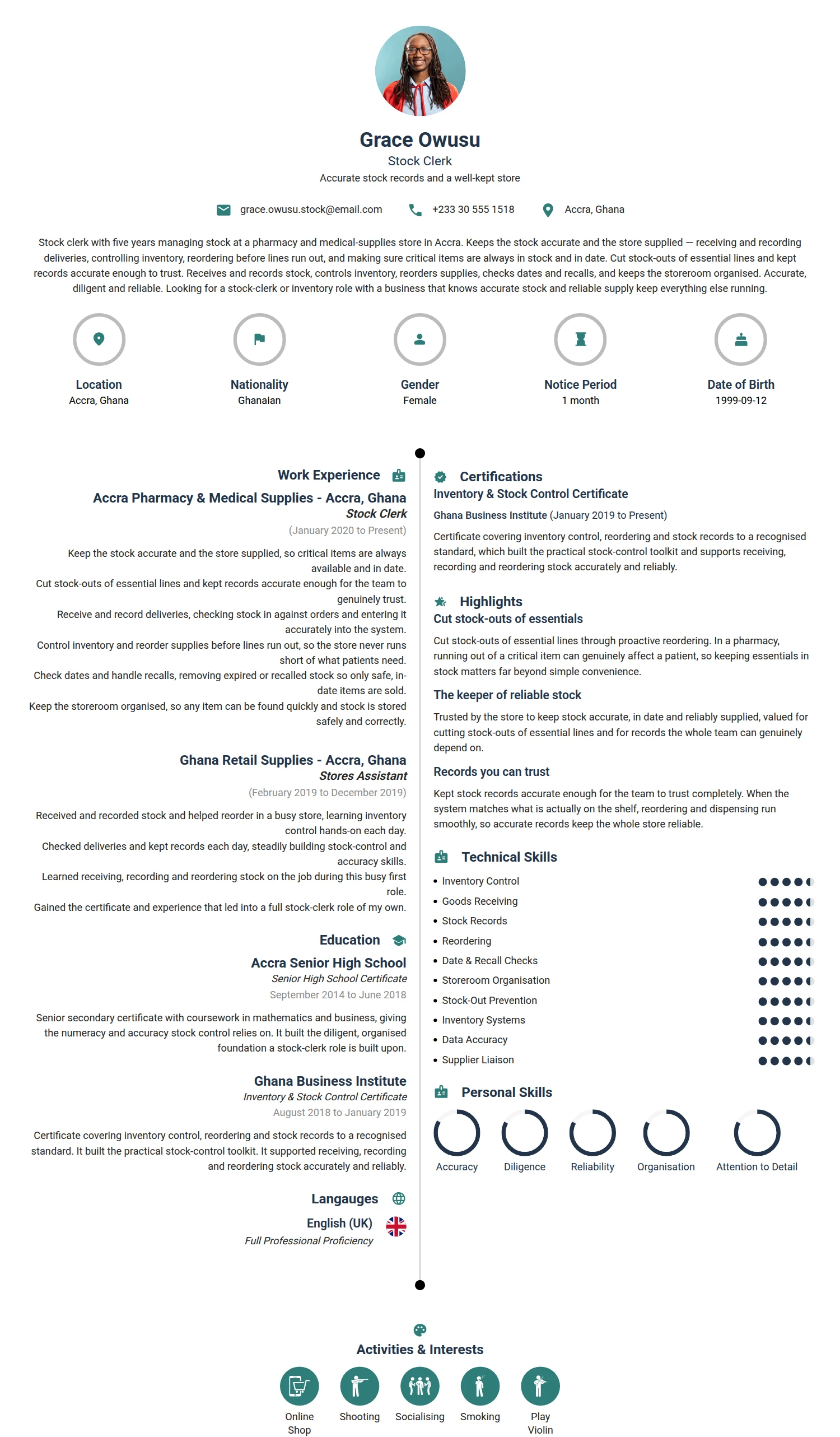 Stock Clerk resume example — a professionally formatted Administration CV sample