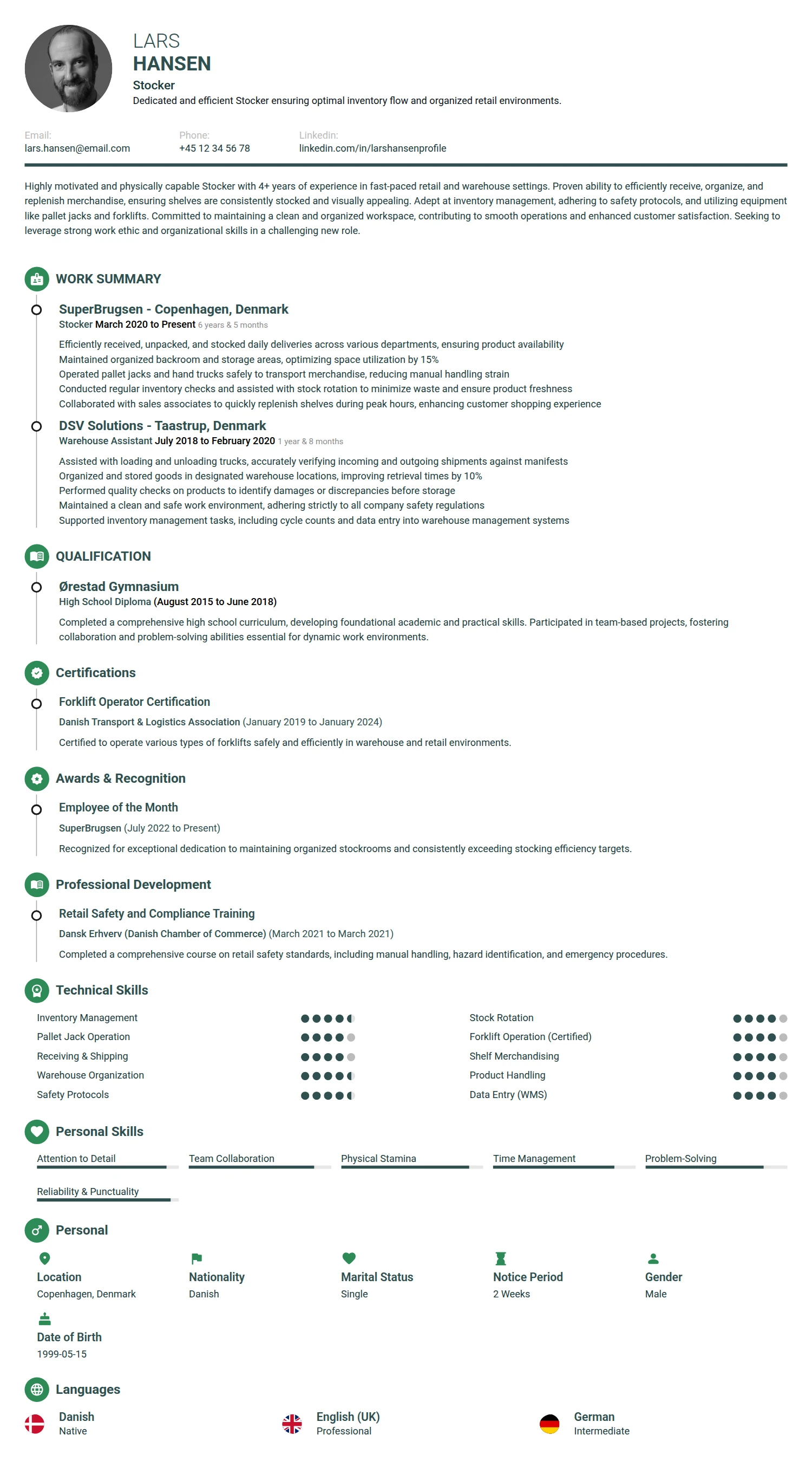 Stocker resume example — a professionally formatted Logistics/Supply Chain CV sample