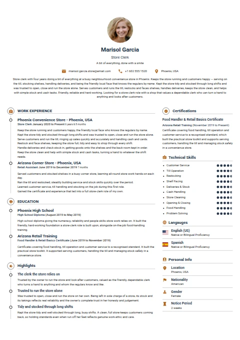 Store Clerk resume example