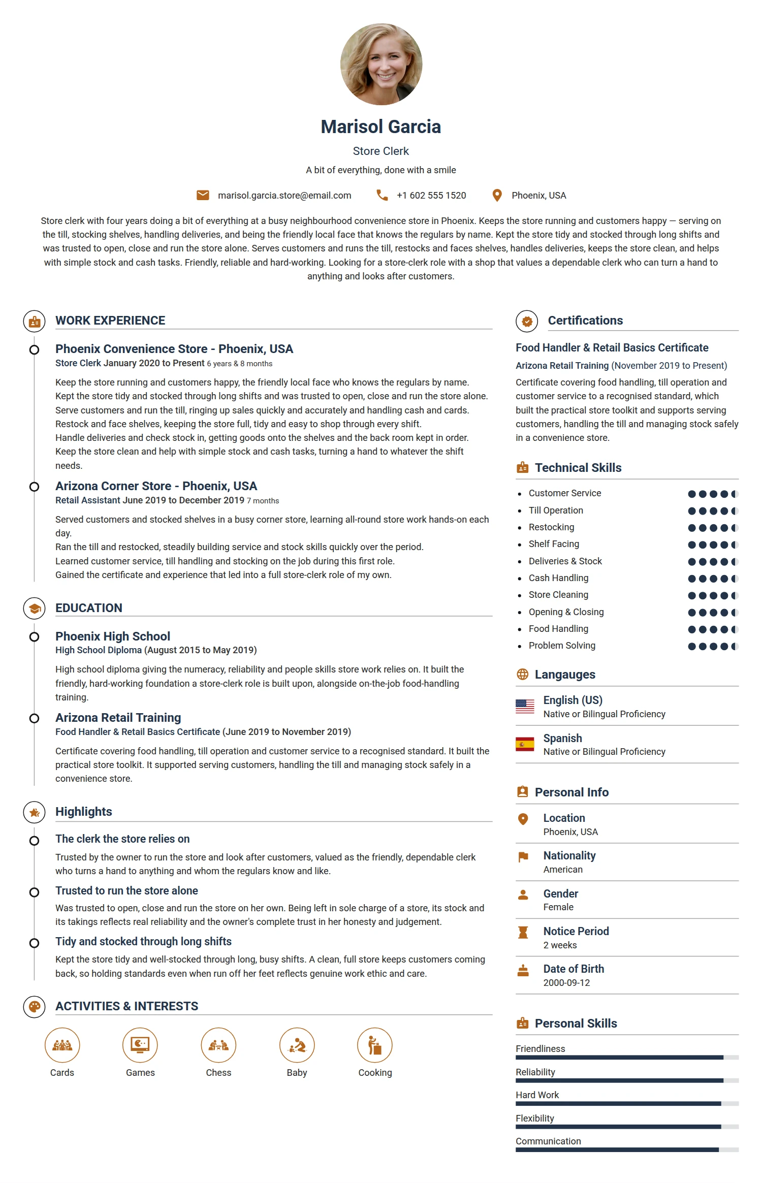 Store Clerk resume example — a professionally formatted Administration CV sample
