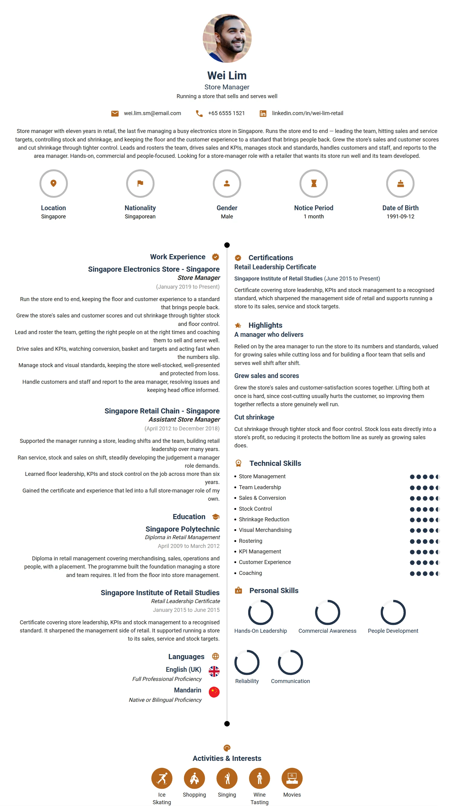 Store Manager resume example — a professionally formatted Logistics/Supply Chain CV sample