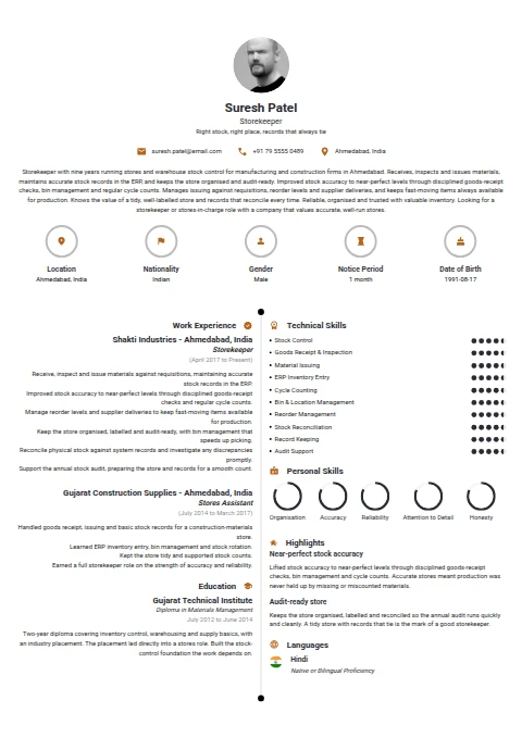Storekeeper resume example