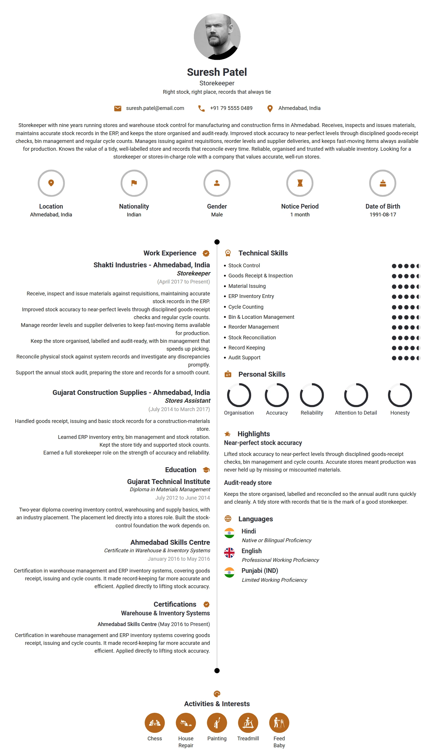Storekeeper resume example — a professionally formatted Logistics/Supply Chain CV sample