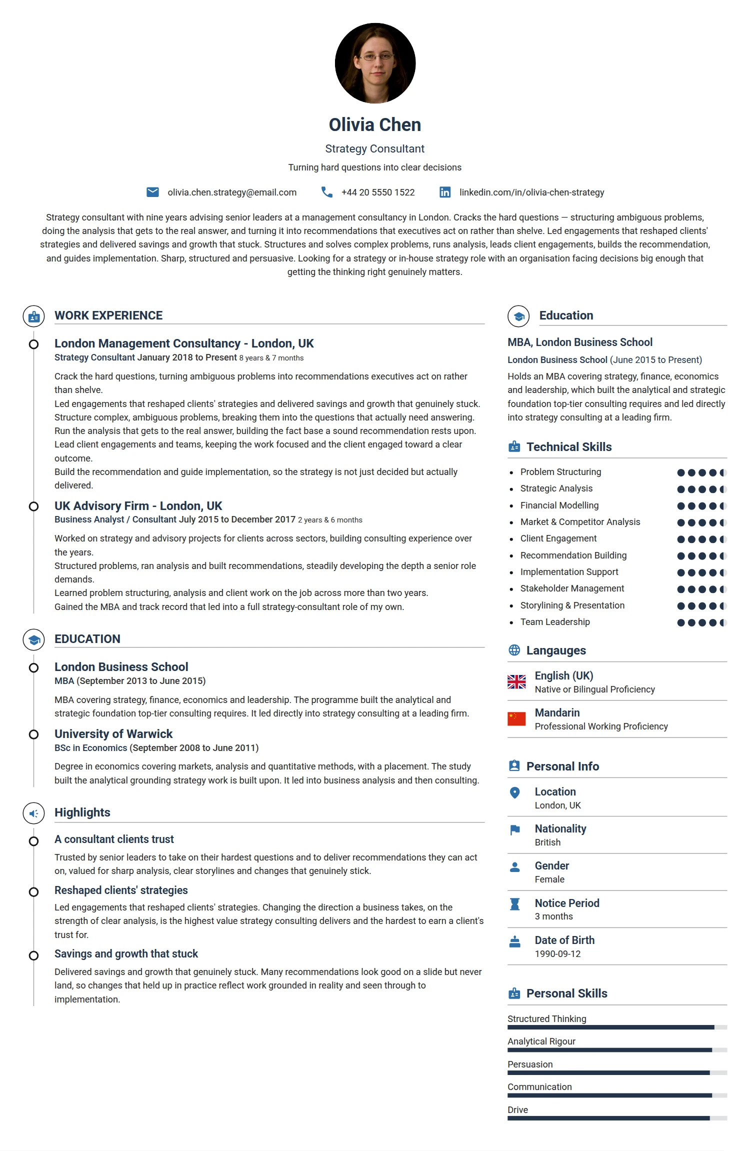 Strategy Consultant resume example — a professionally formatted Business Management CV sample