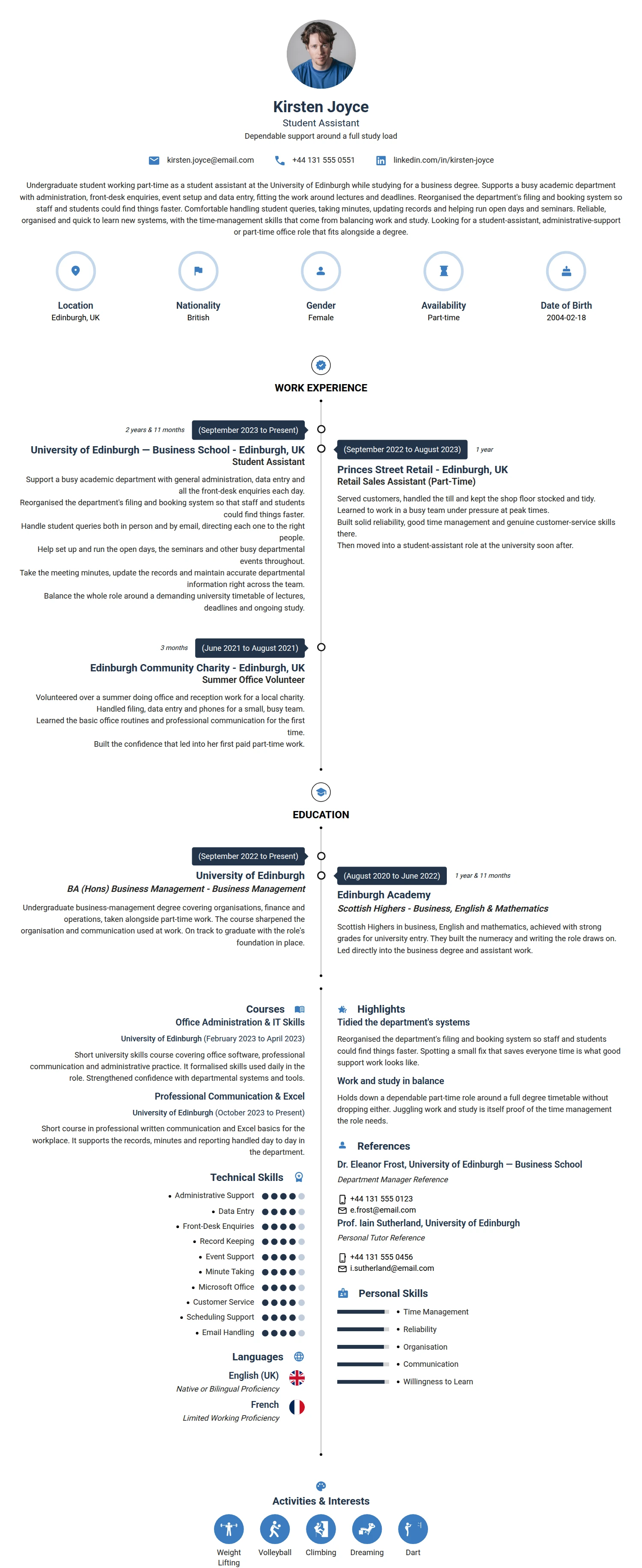 Student Assistant resume example — a professionally formatted Education CV sample