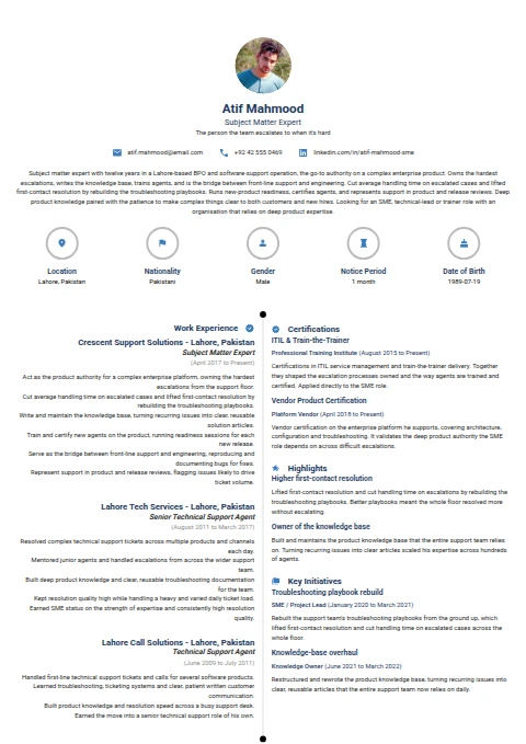 Subject Matter Expert resume example