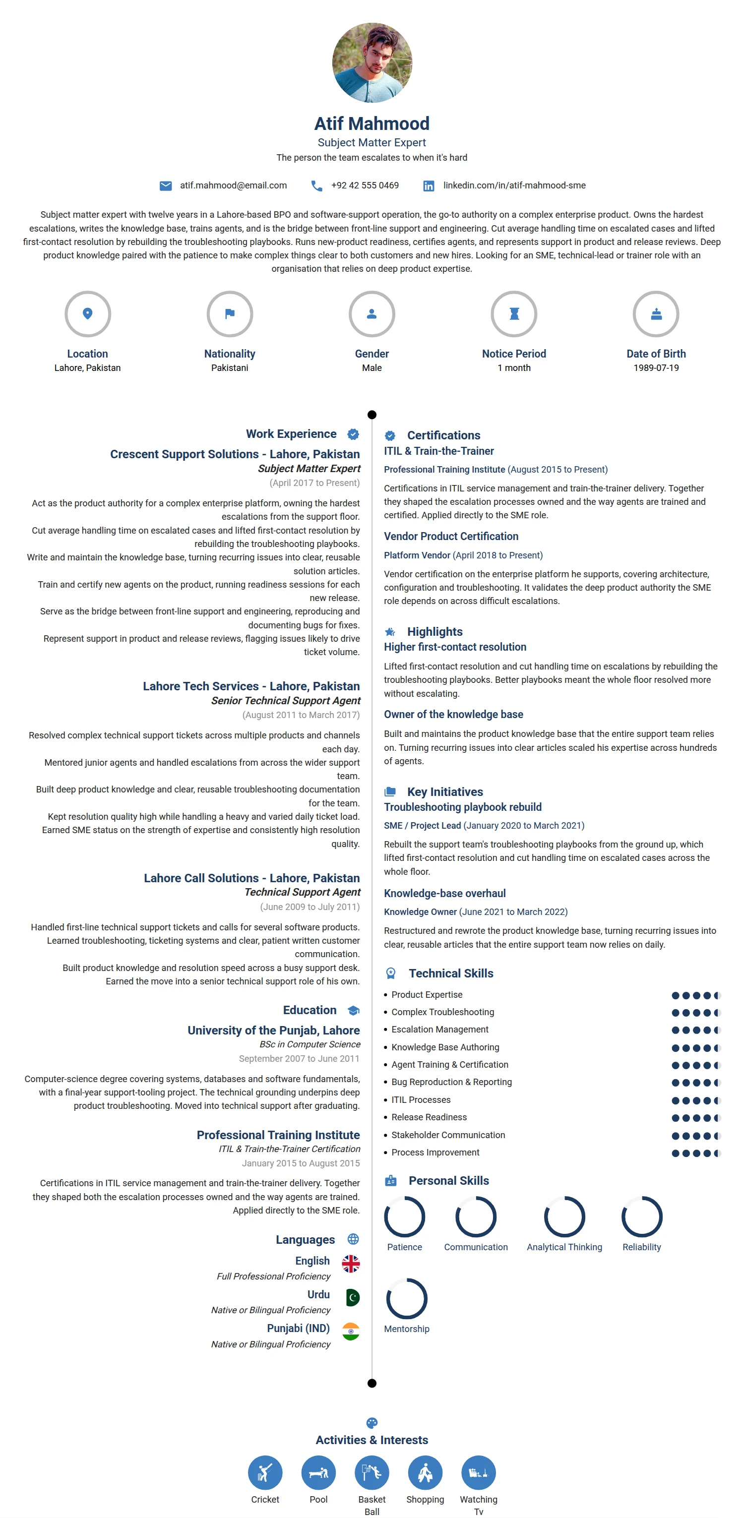 Subject Matter Expert resume example — a professionally formatted Education CV sample
