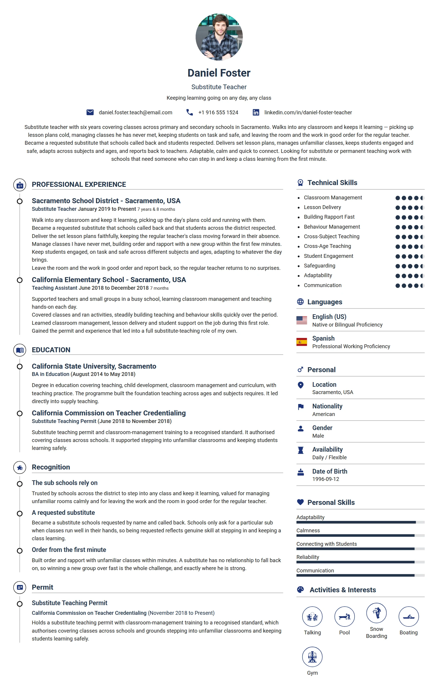 Substitute teacher resume example — a professionally formatted Education CV sample