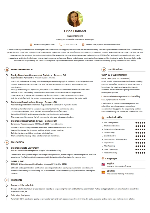 Superintendent resume example — a professionally formatted Administration CV sample