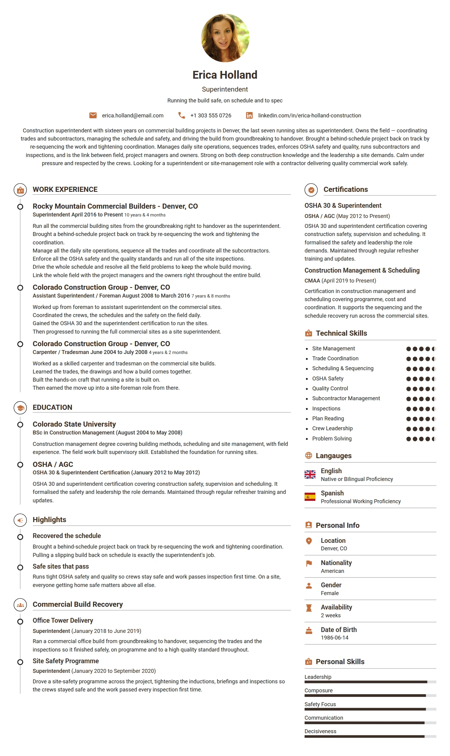 Superintendent resume example — a professionally formatted Administration CV sample