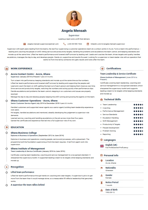 Supervisor resume example — a professionally formatted Administration CV sample