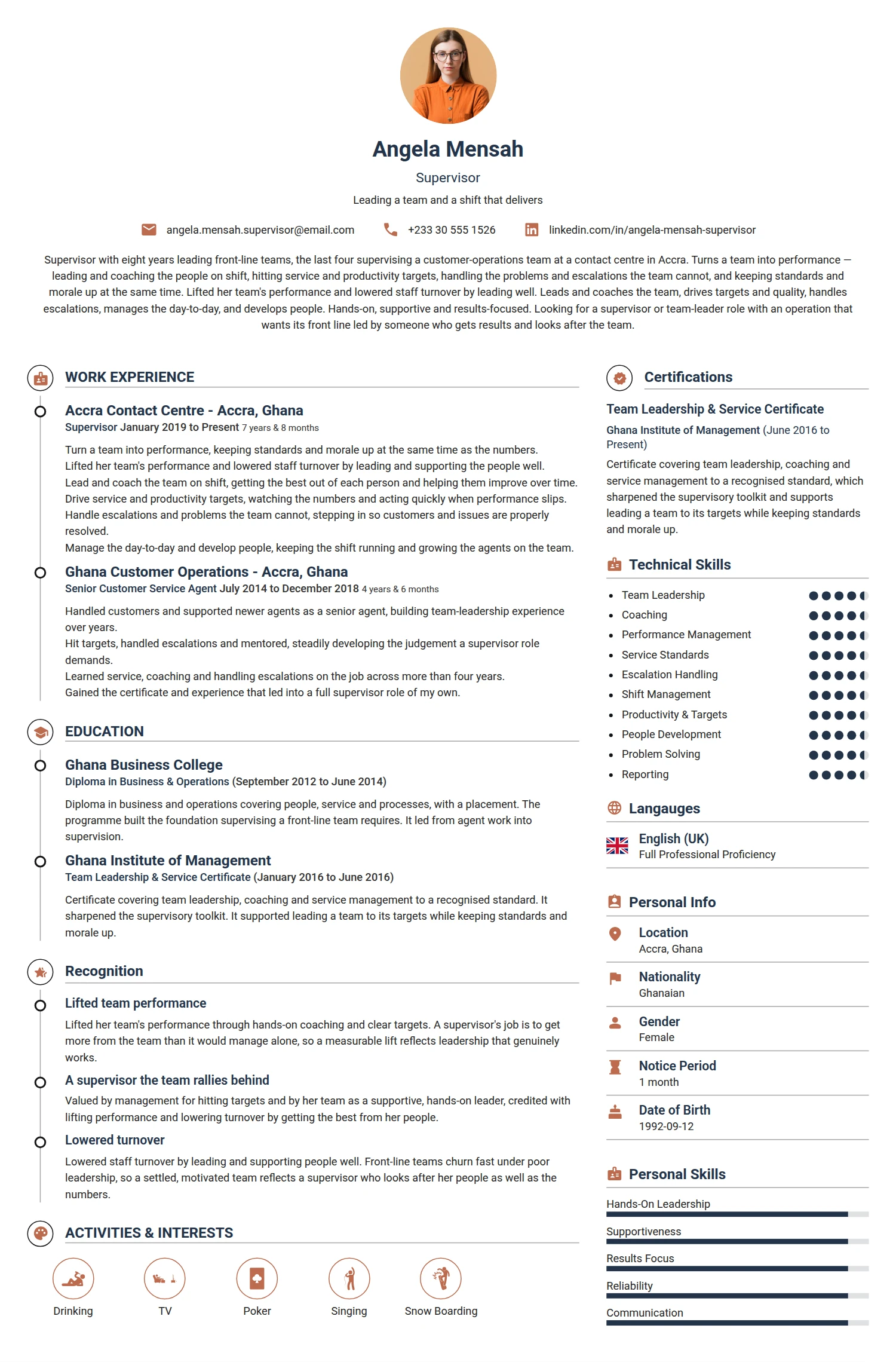Supervisor resume example — a professionally formatted Administration CV sample