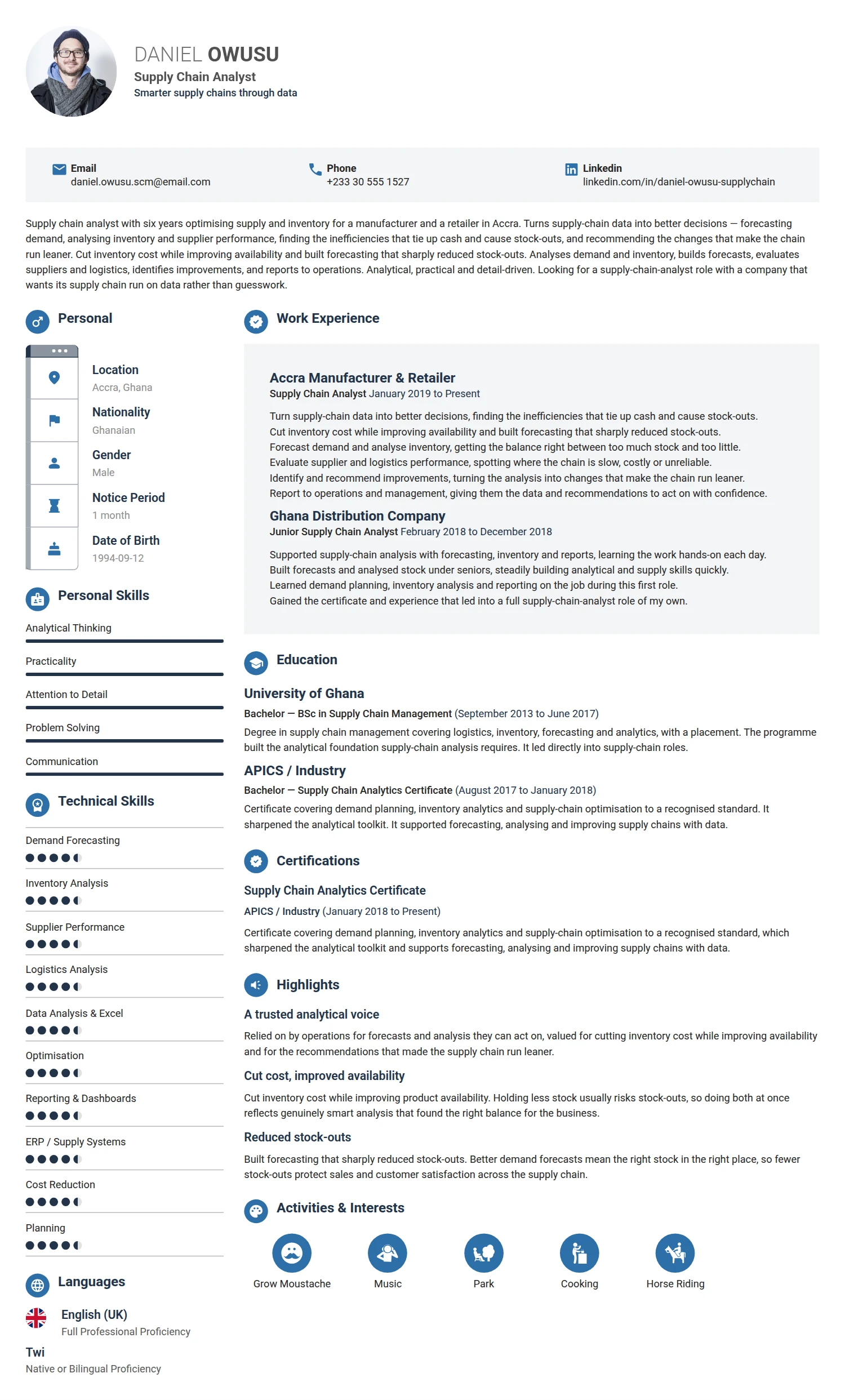 Supply Chain Analyst resume example — a professionally formatted Logistics/Supply Chain CV sample