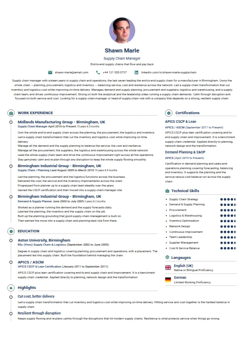 Supply Chain Manager resume example