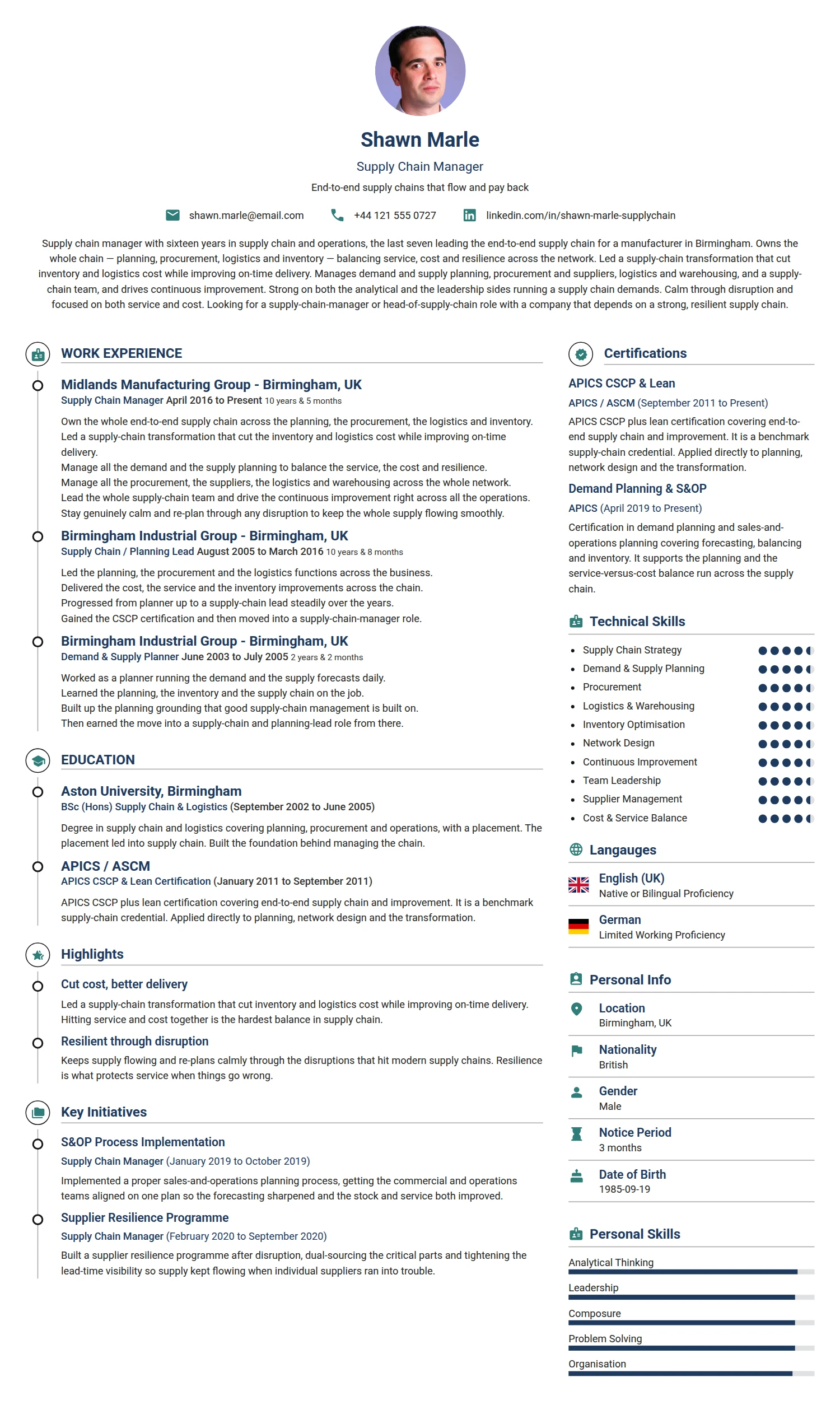 Supply Chain Manager resume example — a professionally formatted Logistics/Supply Chain CV sample