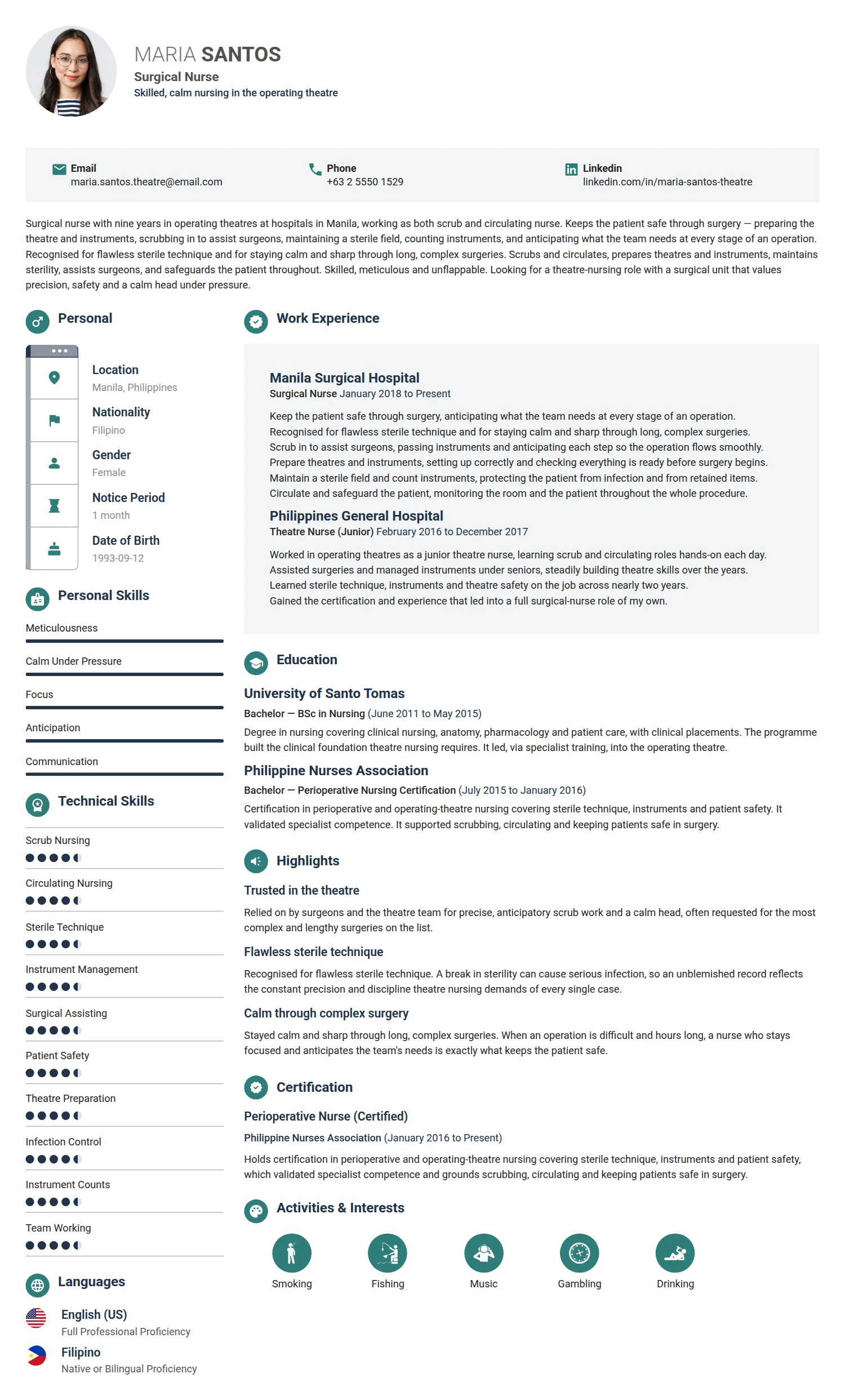 Surgical Nurse resume example — a professionally formatted Medical & Healthcare CV sample