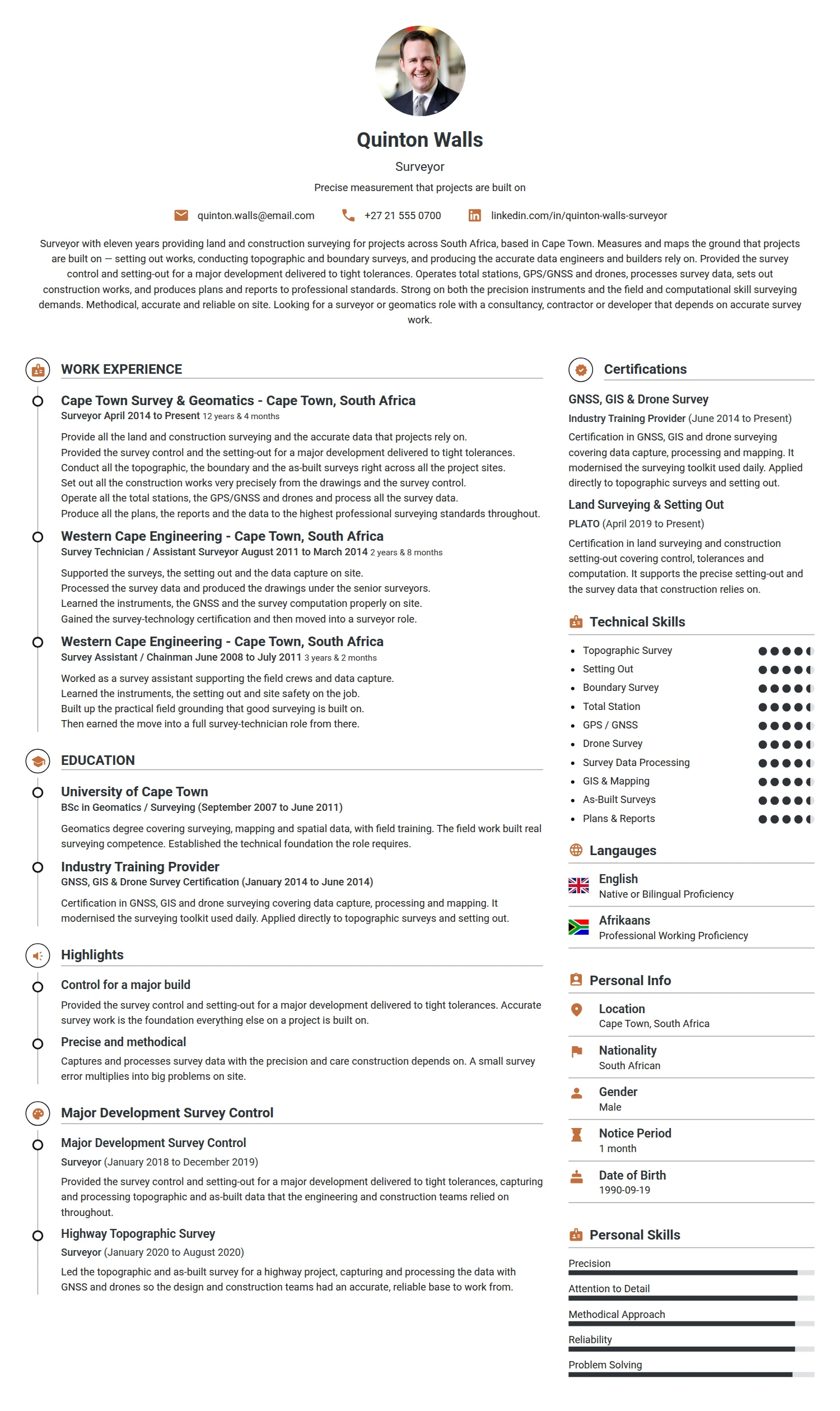 Surveyor resume example — a professionally formatted Science & Research CV sample