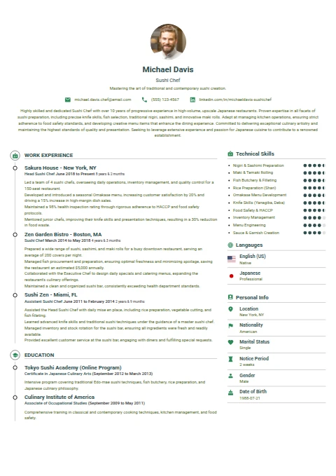 Sushi Chef resume example — a professionally formatted Hospitality CV sample