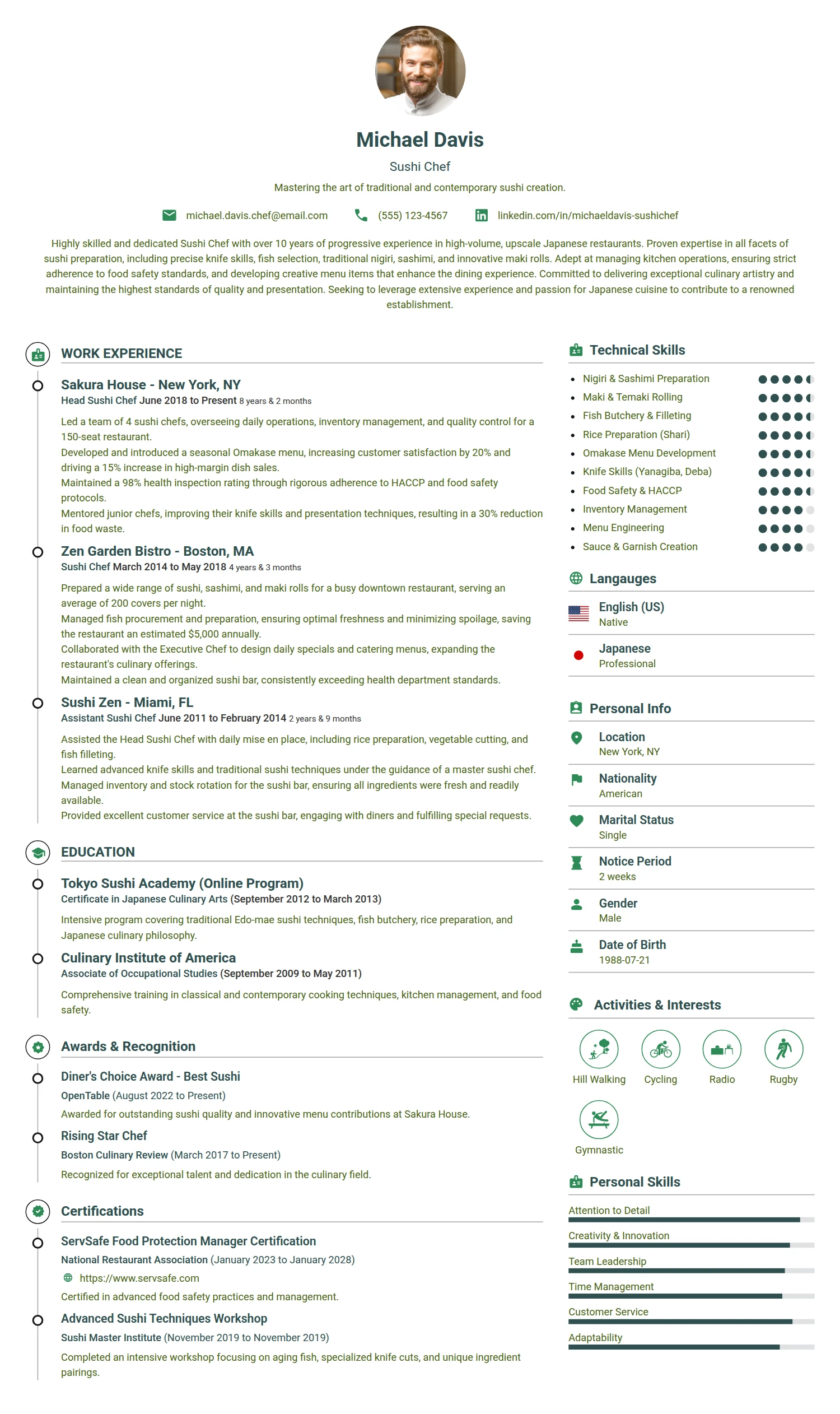 Sushi Chef resume example — a professionally formatted Hospitality CV sample