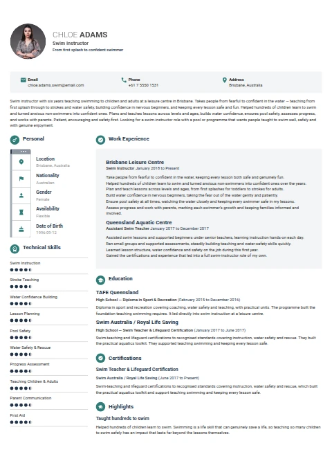 Swim Instructor resume example