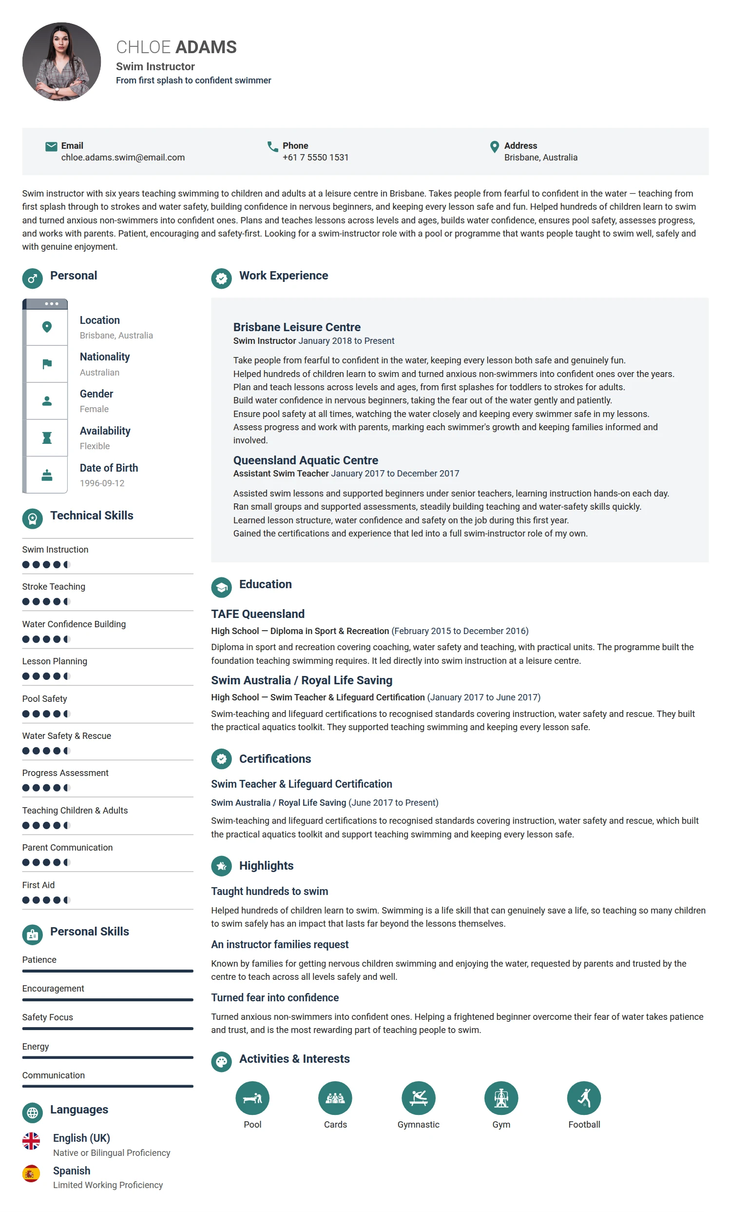 Swim Instructor resume example — a professionally formatted Sports & Fitness CV sample