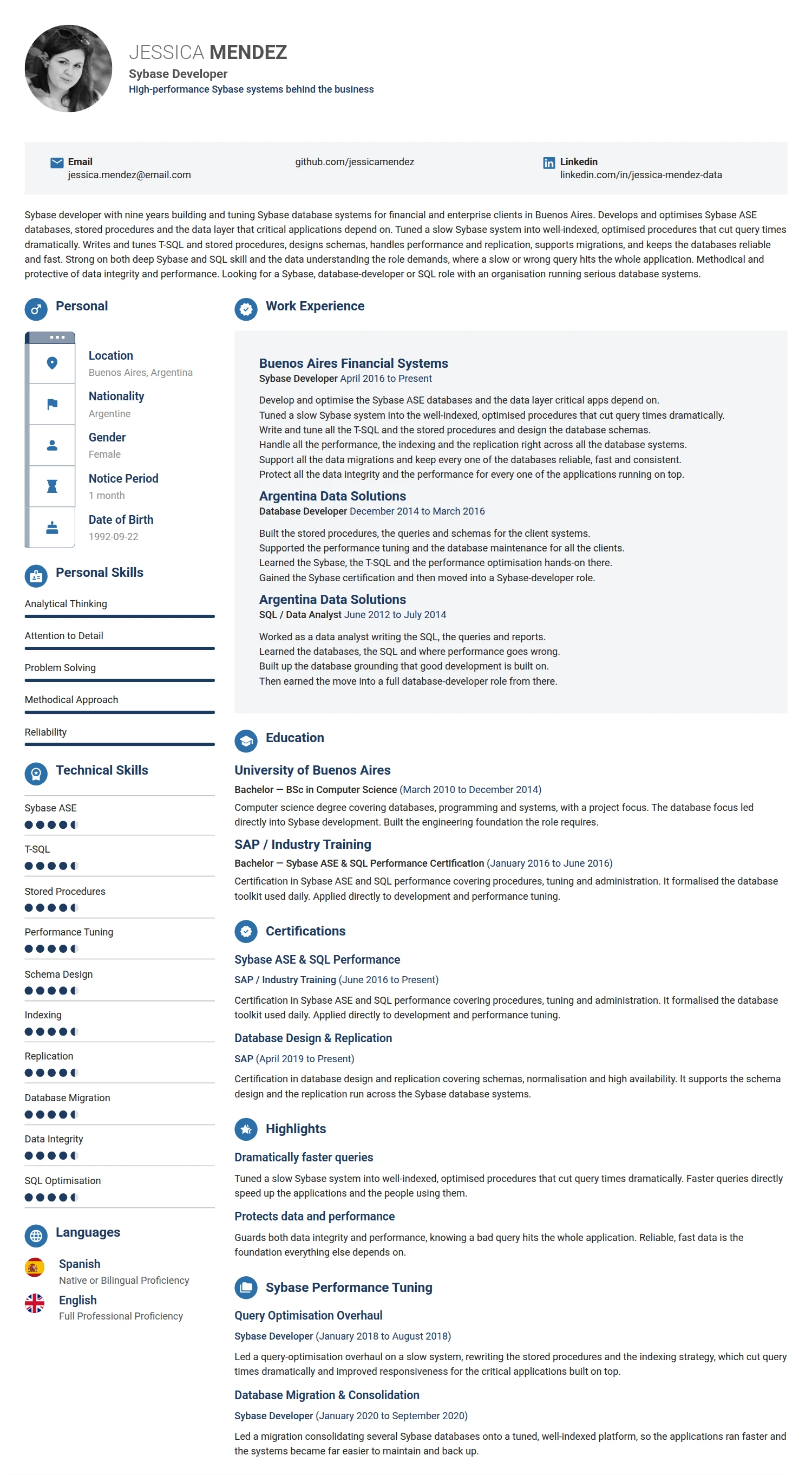 Sybase Developer resume example — a professionally formatted Software Development & IT CV sample