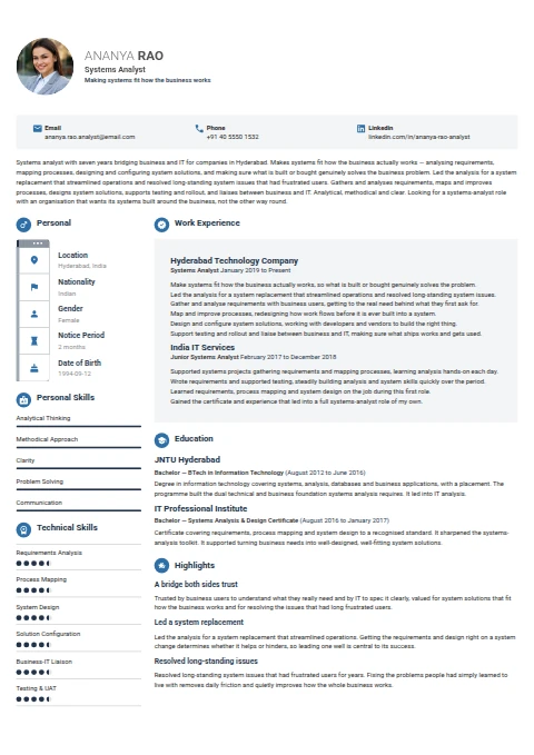 System Analyst resume example — a professionally formatted Software Development & IT CV sample