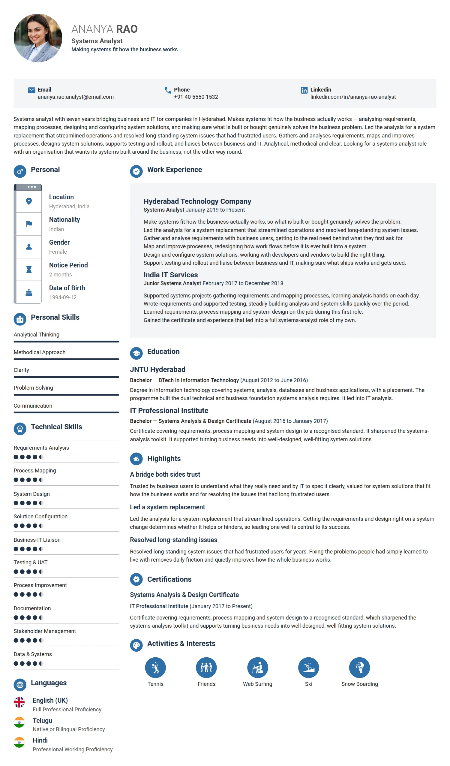 System Analyst resume example — a professionally formatted Software Development & IT CV sample