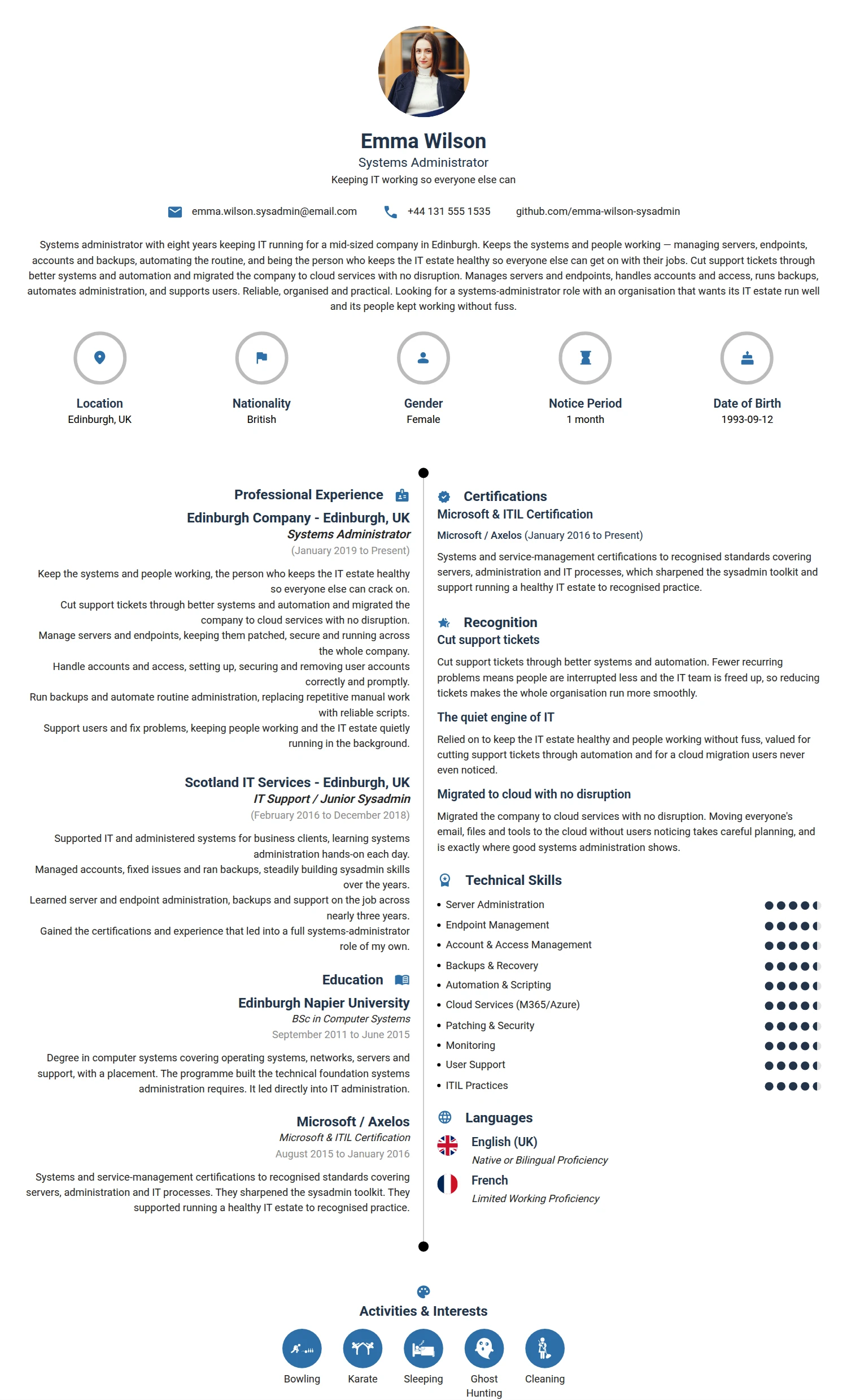 Systems Administrator resume example — a professionally formatted Software Development & IT CV sample