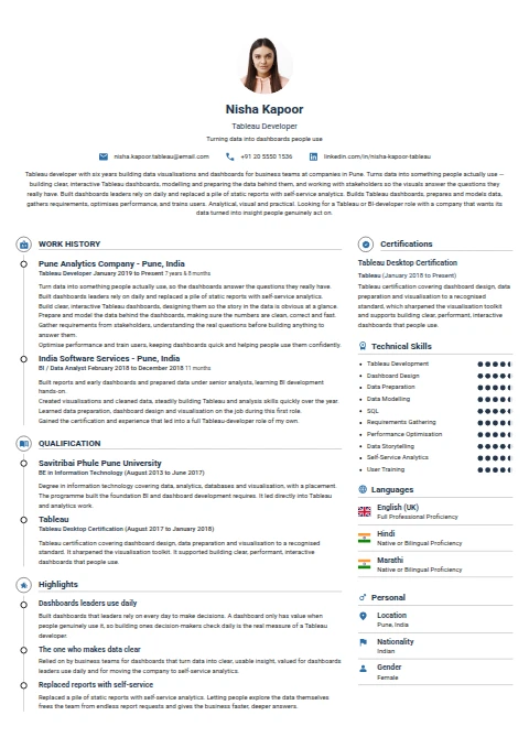 Tableau Developer resume example — a professionally formatted Software Development & IT CV sample