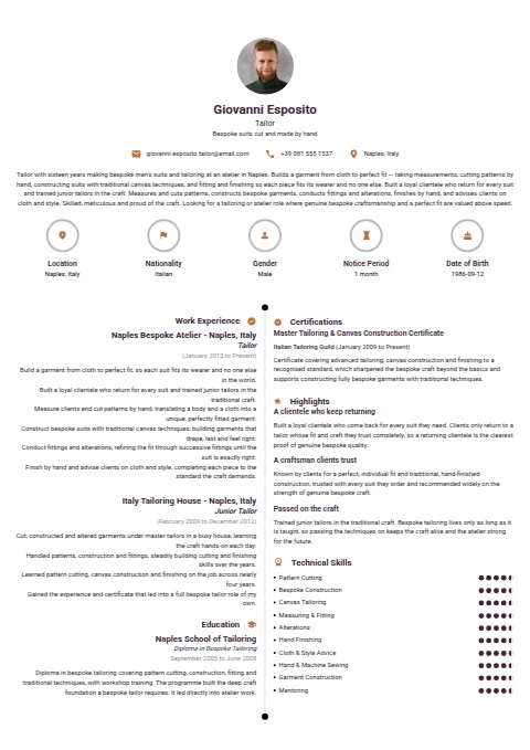 Tailor resume example — a professionally formatted Misc CV sample