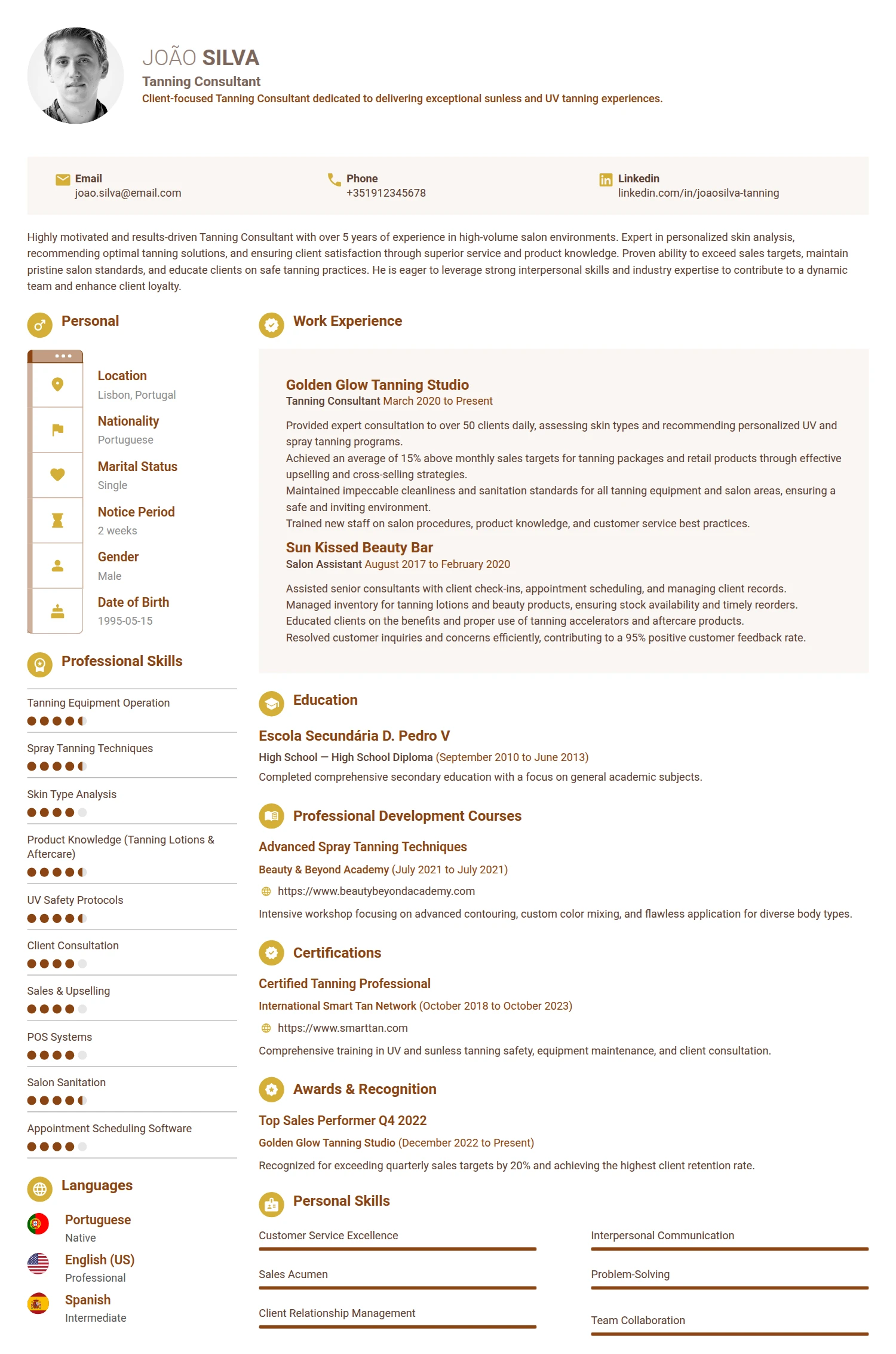 Tanning Consultant resume example — a professionally formatted Art/Creative/Design CV sample