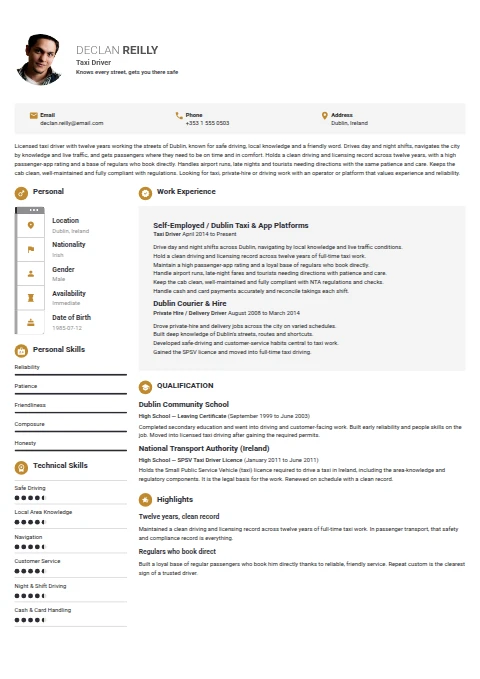 Taxi Driver resume example