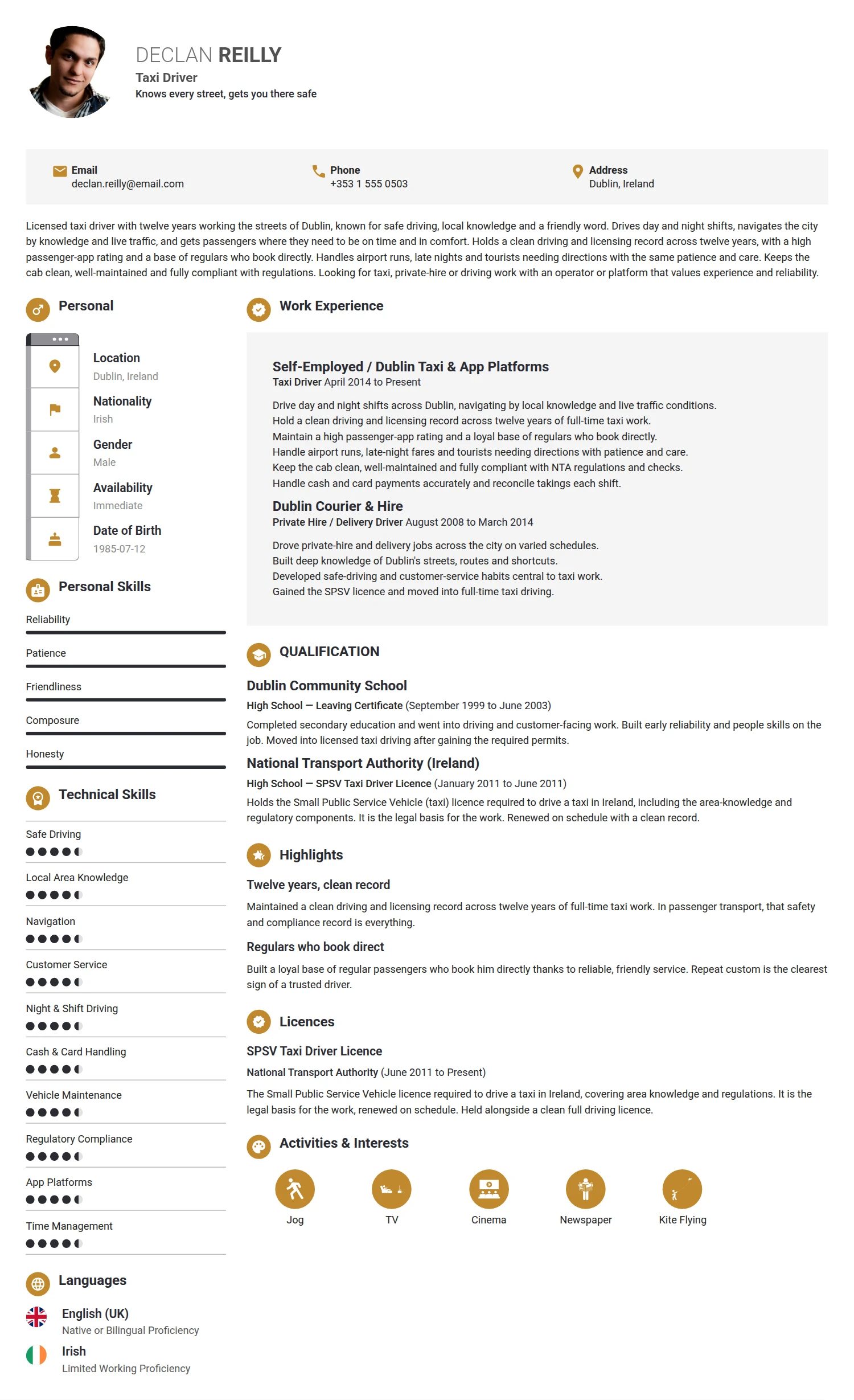 Taxi Driver resume example — a professionally formatted Transportation CV sample
