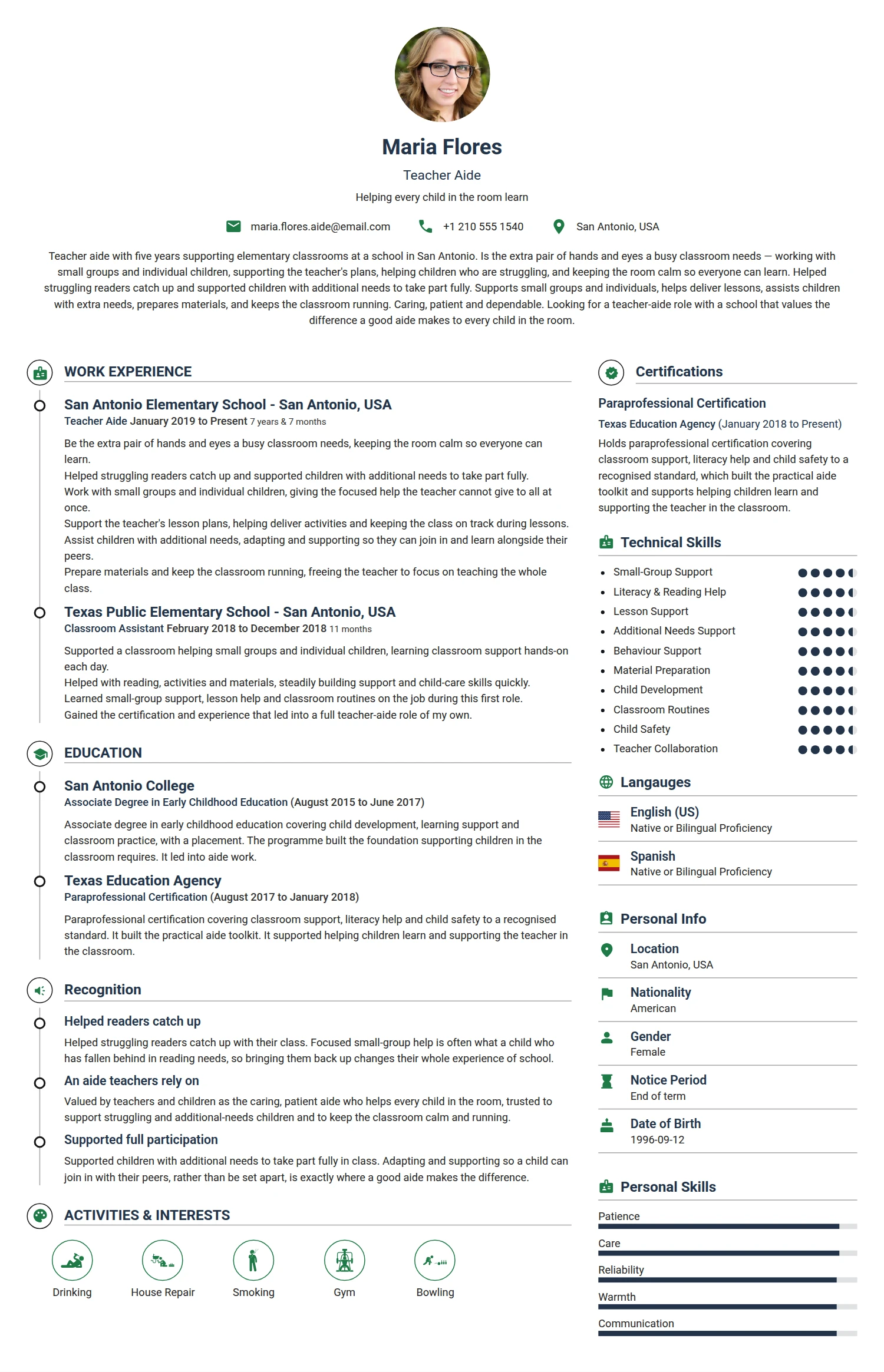 Teacher Aide resume example — a professionally formatted Education CV sample