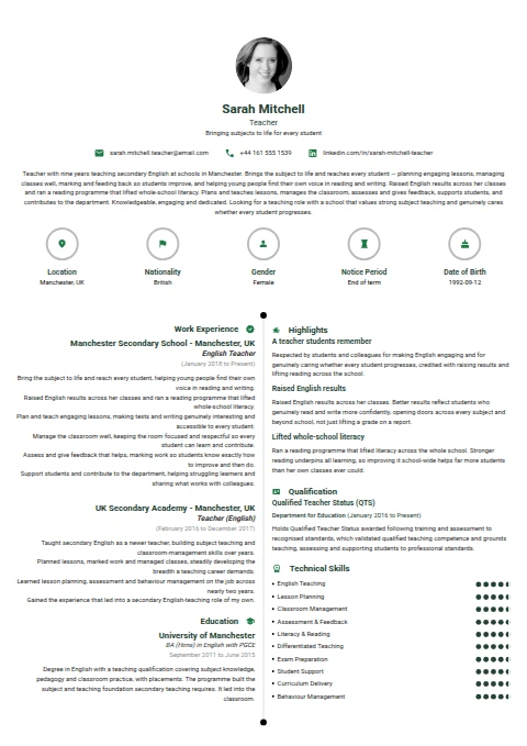 Teacher resume example