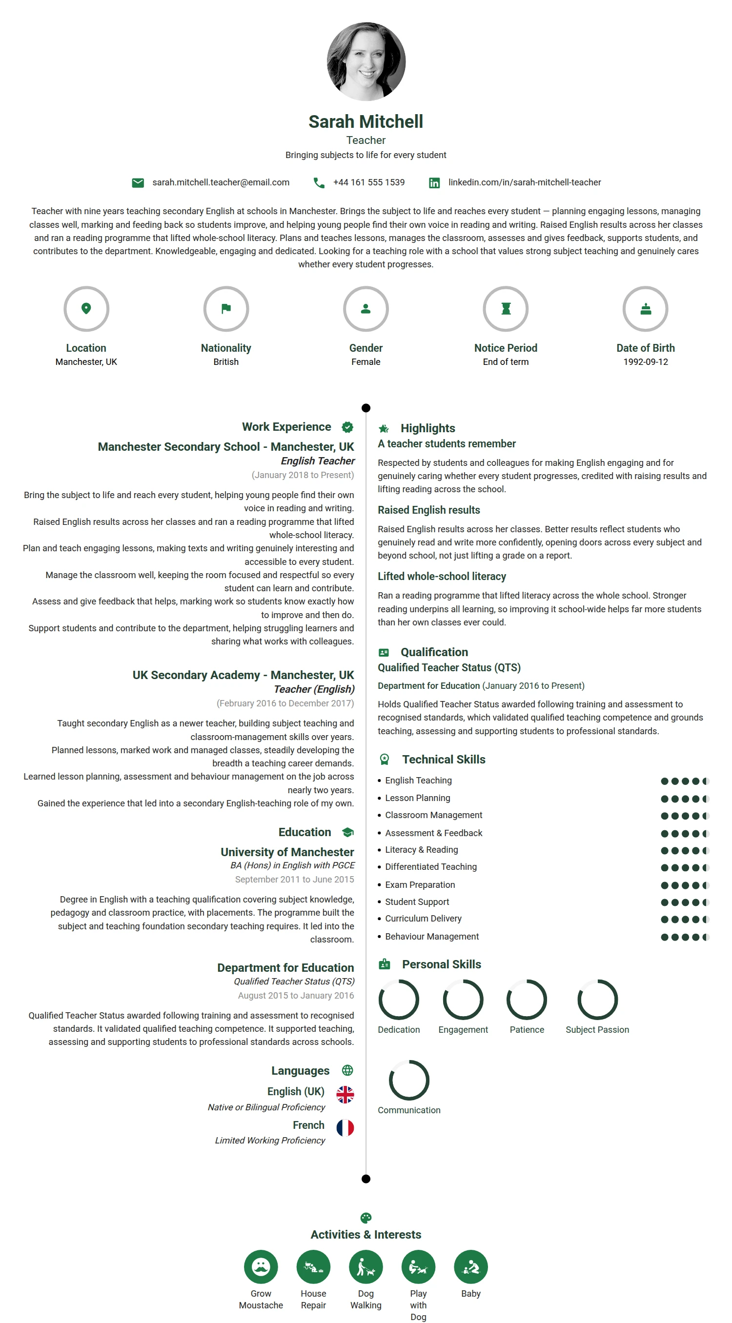 Teacher resume example — a professionally formatted Education CV sample
