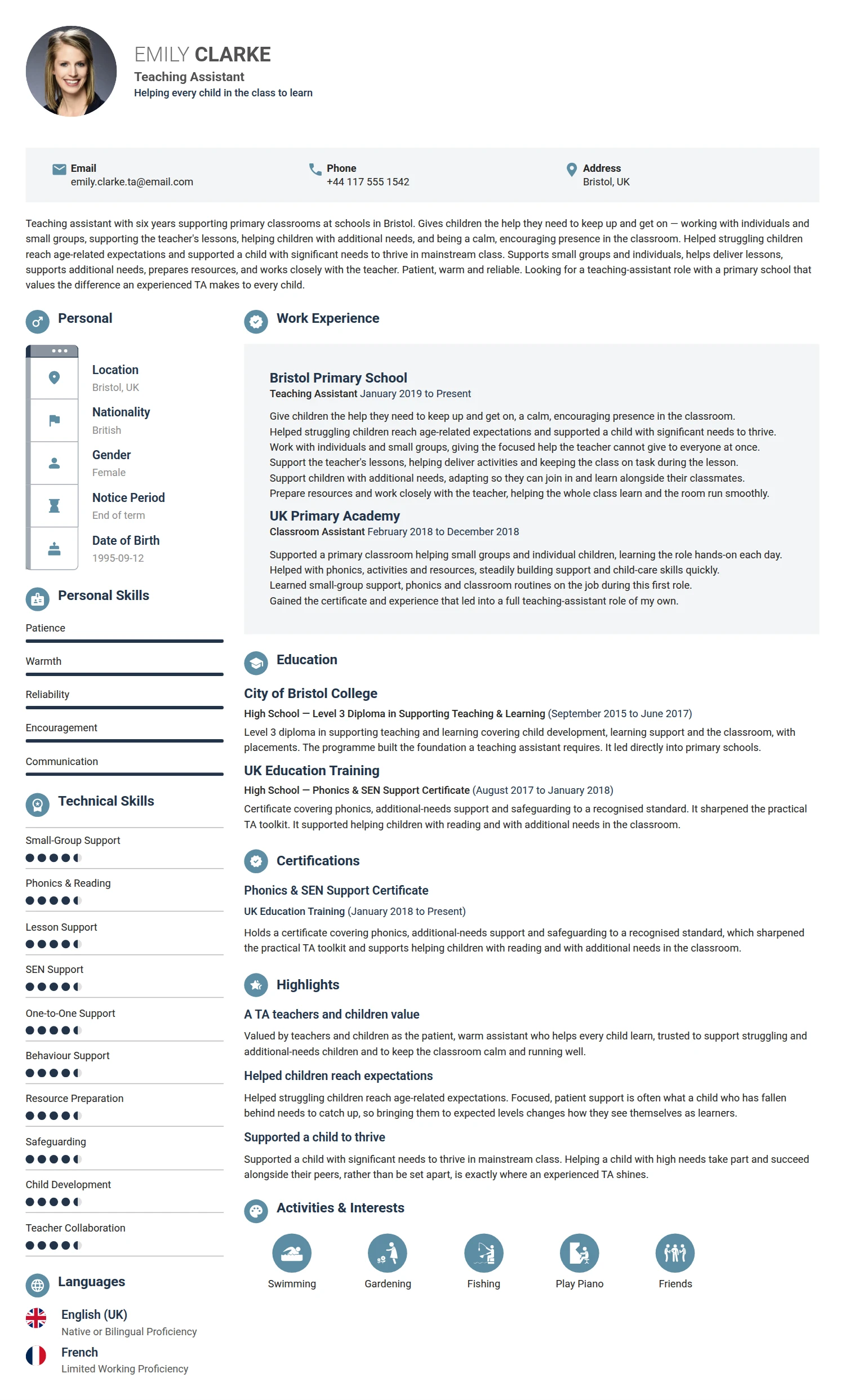 Teaching Assistant resume example — a professionally formatted Education CV sample