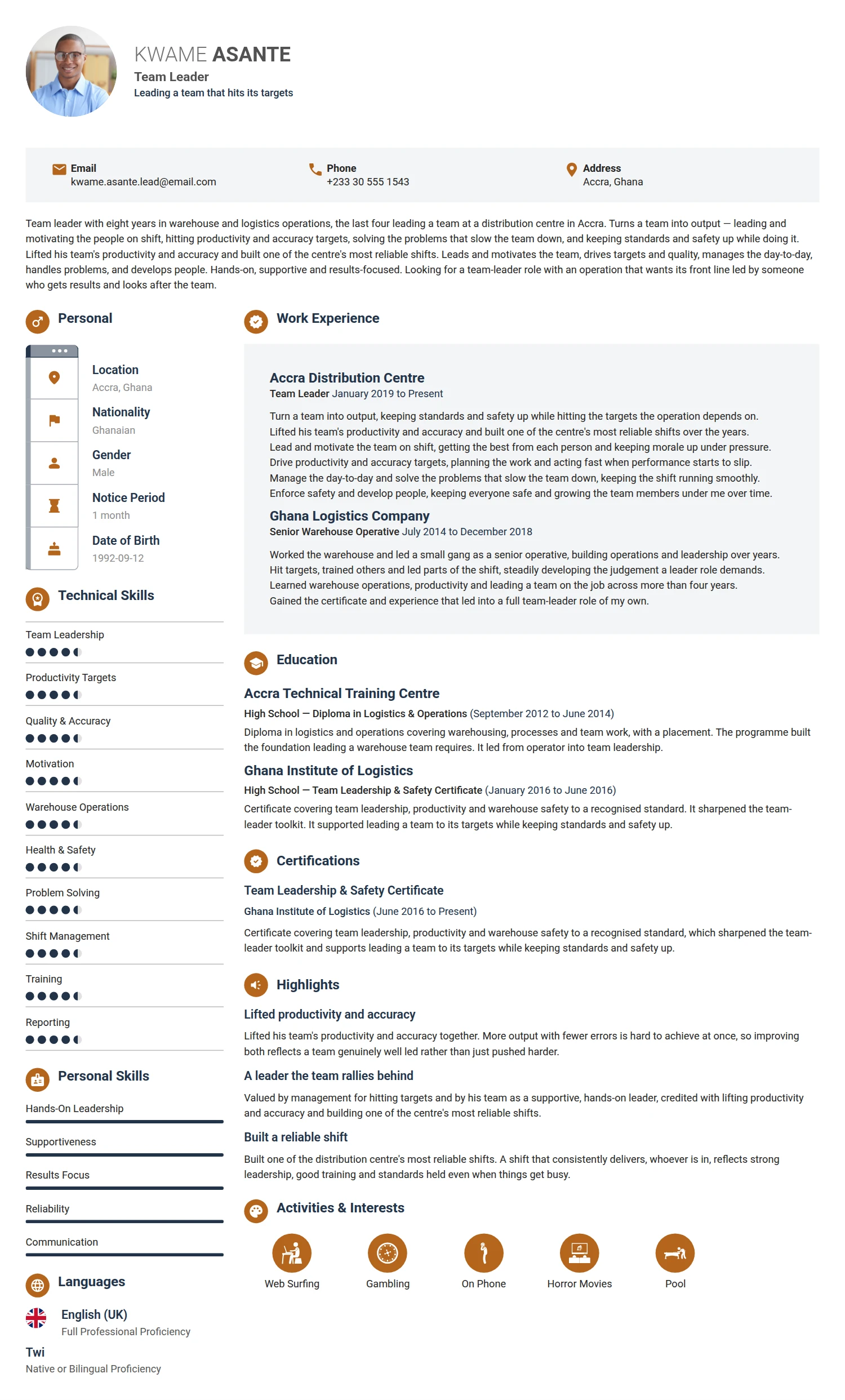 Team Leader resume example — a professionally formatted Education CV sample