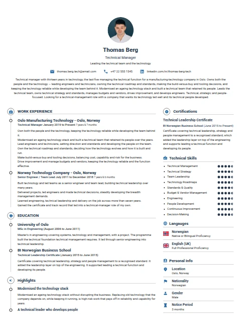 Technical Manager resume example