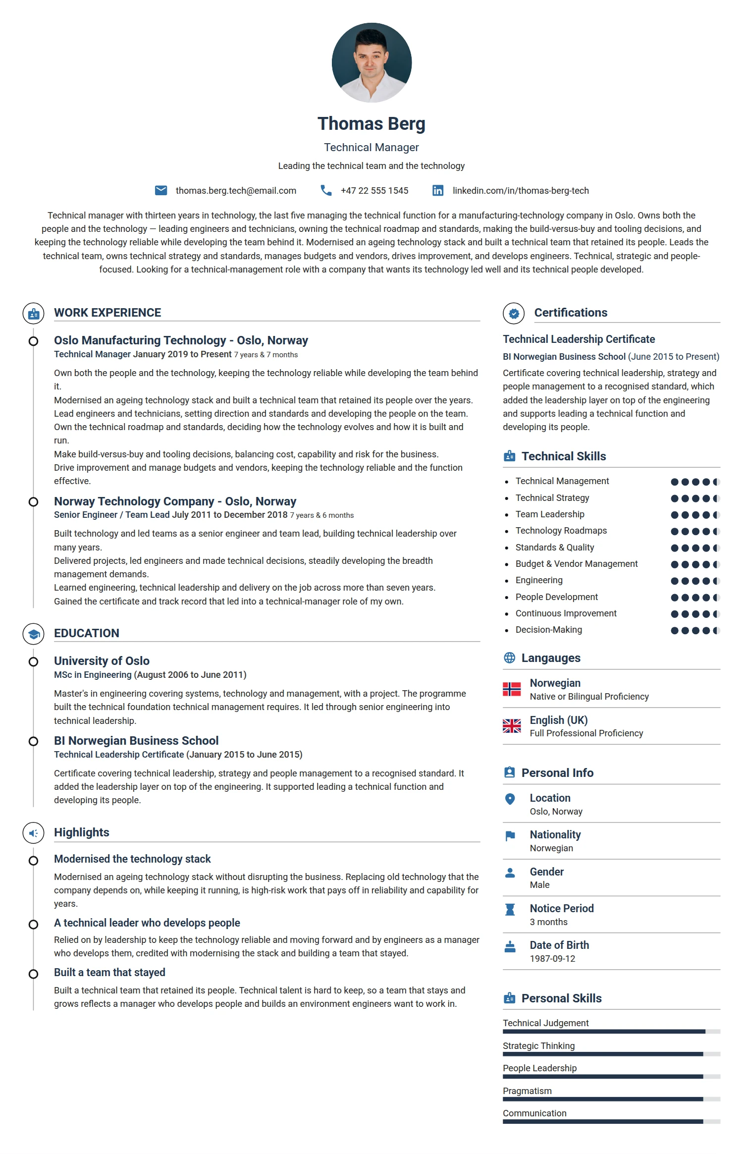 Technical Manager resume example — a professionally formatted Software Development & IT CV sample