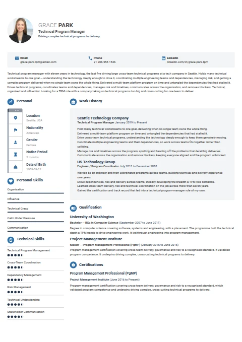 Technical Program Manager resume example — a professionally formatted Business Management CV sample