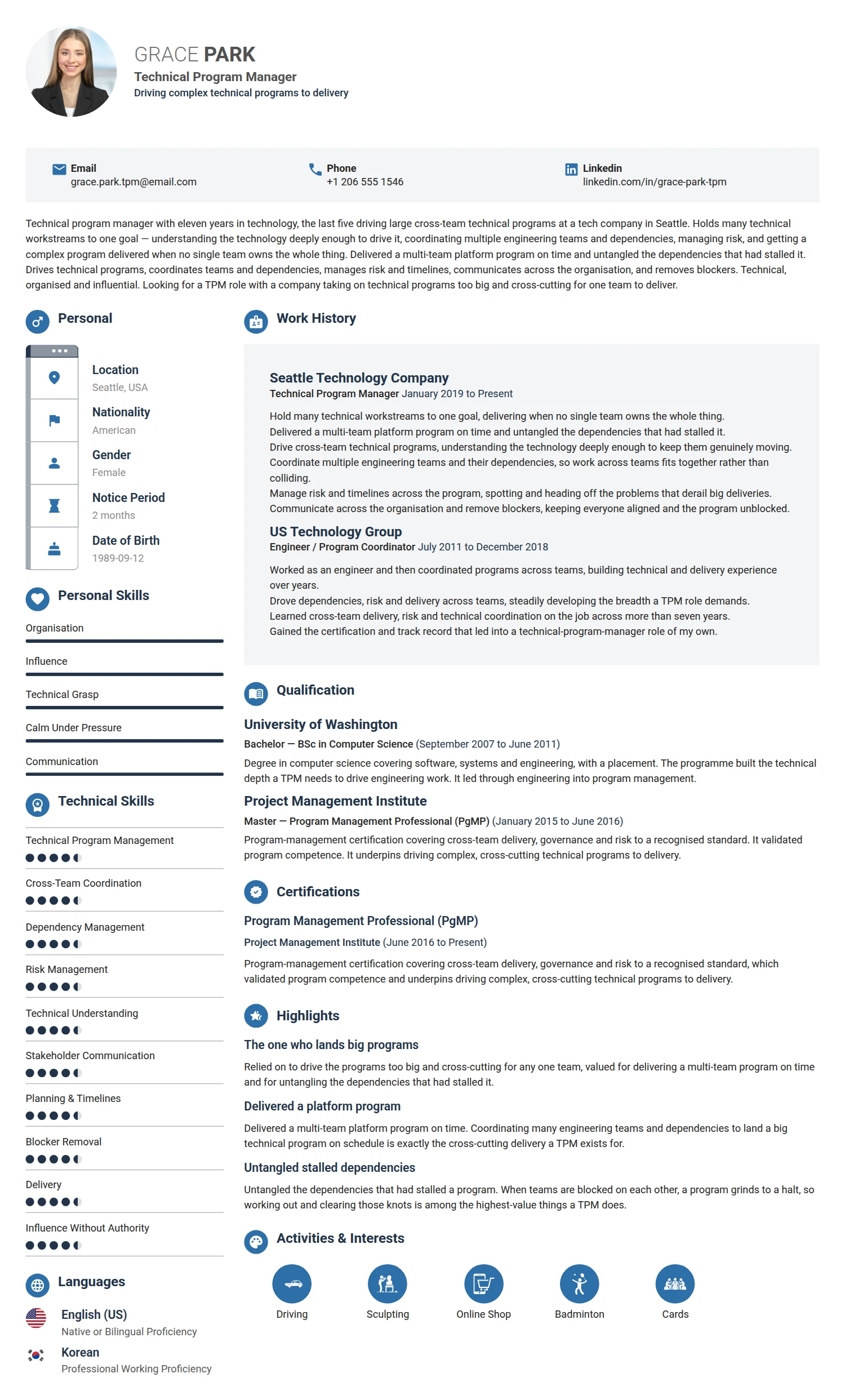 Technical Program Manager resume example — a professionally formatted Business Management CV sample