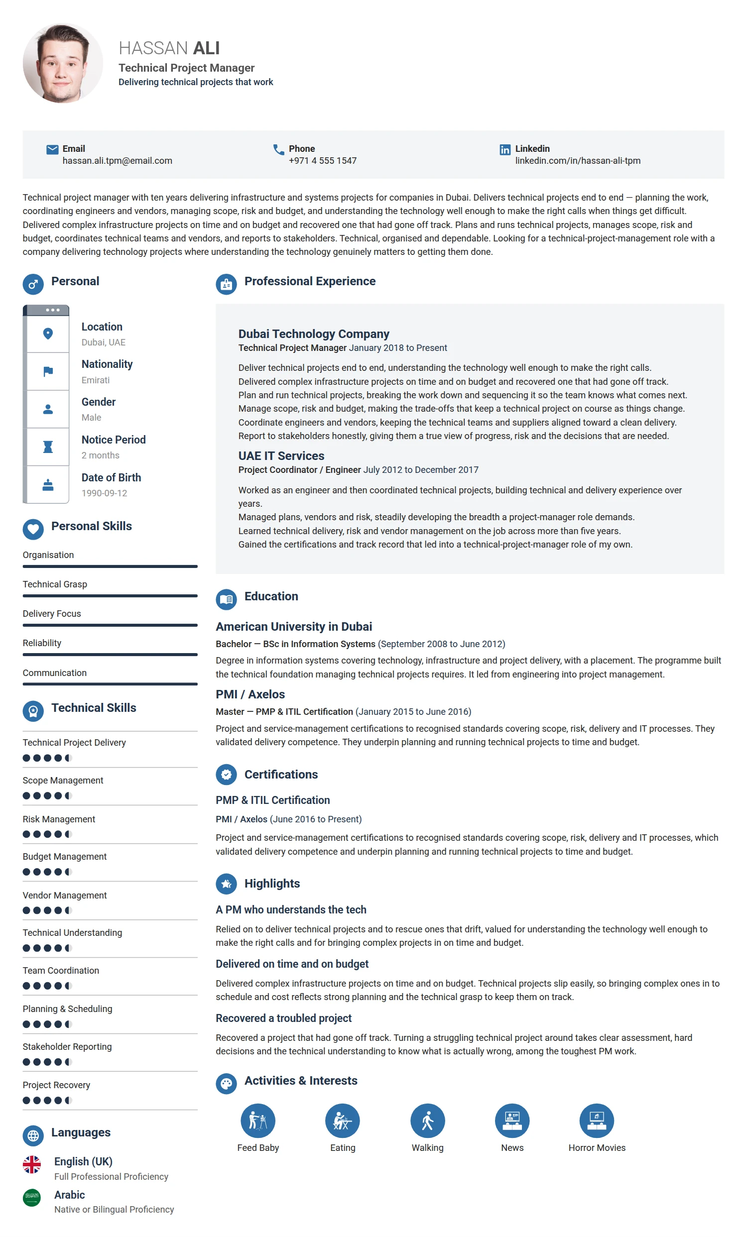 Technical Project Manager resume example — a professionally formatted Business Management CV sample