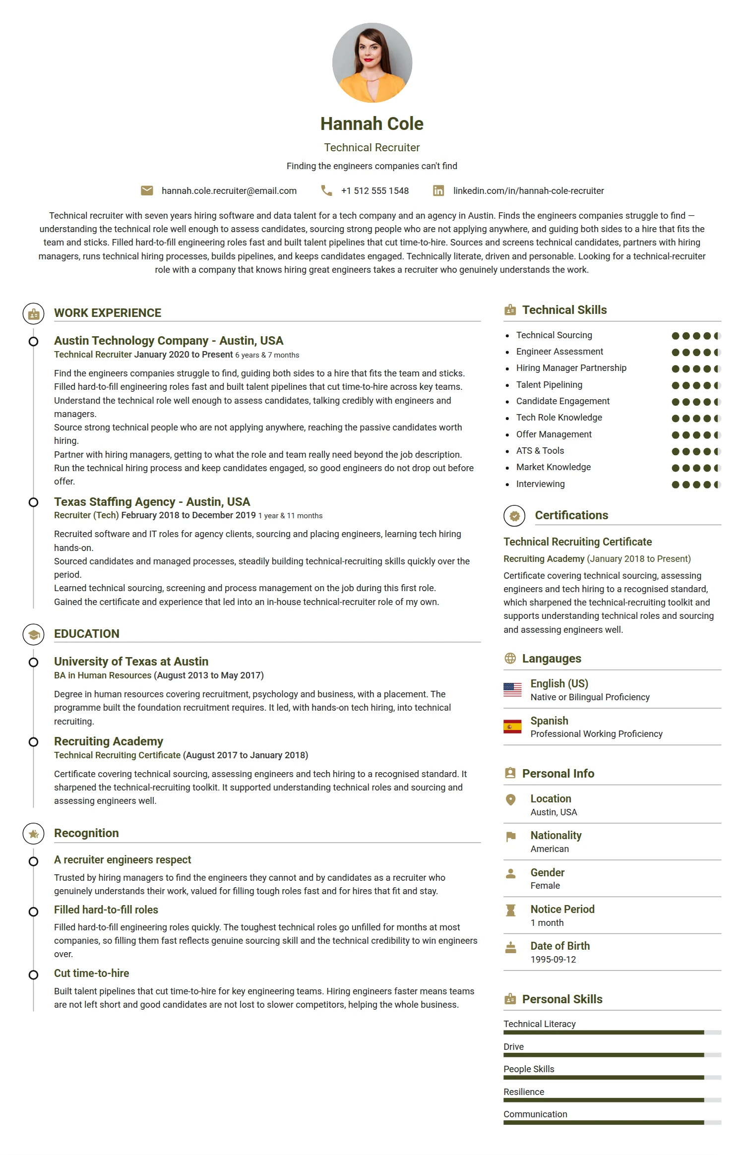 Technical Recruiter resume example — a professionally formatted Human Resources CV sample